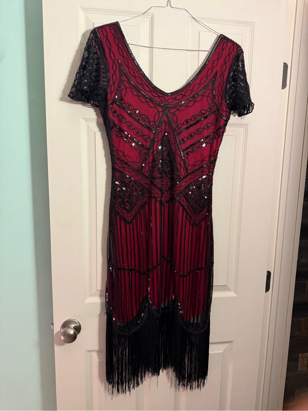 Daisy Burgundy and Black Beaded Fringe Midi Dress